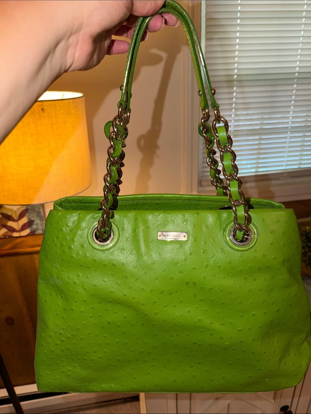 kate spade Lime Green Ostrich Textured Leather Chain-Handle Shoulder Bag